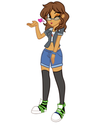 Size: 1000x1200 | Tagged: safe, artist:wubcakeva, commissioner:imperfectxiii, oc, oc:chestnut quill, oc:copper plume, my little pony:equestria girls, belly button, blowing a kiss, bracelet, clothing, commission, converse, freckles, glasses, jacket, jewelry, lipstick, looking at you, midriff, one eye closed, rule 63, shoes, short shirt, shorts, simple background, sneakers, socks, solo, thigh highs, transparent background, wink