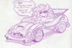 Size: 1054x694 | Tagged: safe, artist:trollie trollenberg, character:pinkie pie, car, female, monochrome, semi-anthro, solo, sunglasses, traditional art