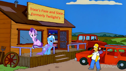 Size: 1133x639 | Tagged: safe, artist:slb94, artist:yvanchui, edit, edited screencap, screencap, character:starlight glimmer, character:trixie, behaving like a cat, crossover, homer simpson, sneed's feed and seed, the simpsons