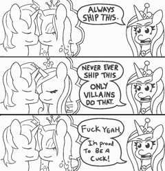 Size: 916x956 | Tagged: safe, artist:threetwotwo32232, edit, character:princess cadance, character:queen chrysalis, character:shining armor, ship:shining chrysalis, always ship this, cuckolding, female, male, meme, ohjoysextoy, princess cuckdance, shipping, straight, vulgar