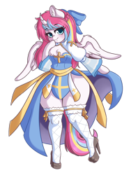 Size: 902x1200 | Tagged: safe, artist:wickedsilly, oc, oc:nekonin, species:alicorn, species:anthro, species:pony, alicorn oc, anthro oc, arm hooves, bottom heavy, breast fluff, chest fluff, clothing, crossdressing, crossover, femboy, hair ribbon, high heels, male, priest, ragnarok online, shoes, stockings, thigh highs, wide hips
