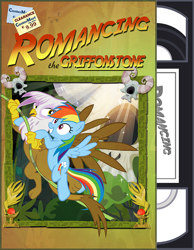 Size: 774x1000 | Tagged: safe, artist:pixelkitties, character:gilda, character:rainbow dash, species:griffon, species:pegasus, species:pony, female, mare, movie reference, romancing the stone, rope, smiling, swinging, vhs
