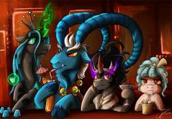 Size: 1250x867 | Tagged: safe, artist:jamescorck, character:cozy glow, character:grogar, character:king sombra, character:queen chrysalis, species:changeling, species:pegasus, species:pony, species:ram, species:unicorn, episode:the beginning of the end, g4, my little pony: friendship is magic, alcohol, bendy straw, changeling queen, chocolate, cloven hooves, cocktail, drinking straw, female, filly, foal, food, glass, hot chocolate, legion of doom, magic, magic aura, male, martini, quartet, shot glass, stallion, telekinesis, that was fast