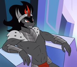 Size: 2984x2608 | Tagged: safe, artist:ambris, character:king sombra, species:anthro, species:pony, species:unicorn, episode:the beginning of the end, g4, my little pony: friendship is magic, evil grin, grin, male, redraw, scene interpretation, smiling, solo, sombra horn, stupid sexy sombra, throne