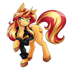Size: 3602x3450 | Tagged: safe, artist:ambris, character:sunset shimmer, species:pony, species:unicorn, my little pony:equestria girls, clothing, equestria girls outfit, female, grin, jacket, mare, simple background, smiling, solo, transparent background, unshorn fetlocks
