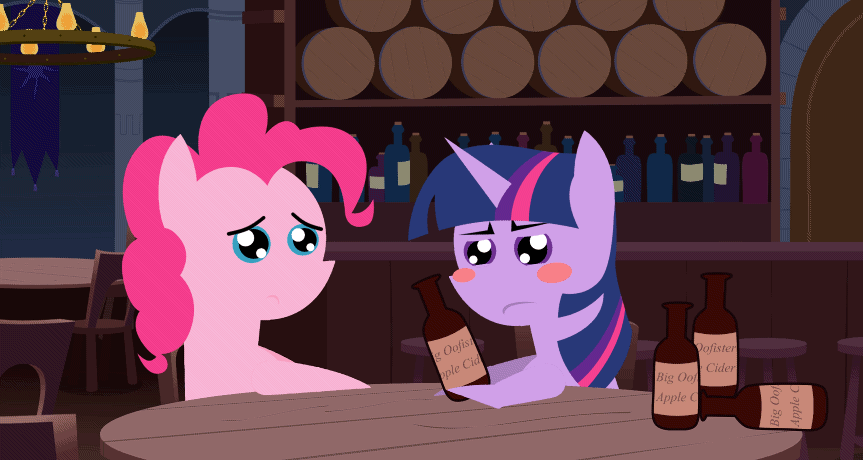 Size: 863x460 | Tagged: safe, artist:dsiak, artist:shoutingisfun, artist:slb94, character:pinkie pie, character:twilight sparkle, species:earth pony, species:pony, alcohol, animated, bar, big oof, blush sticker, blushing, cider, concerned, drunk, drunk bubbles, drunk twilight, duo, female, go home you're drunk, mare, oof, pointy ponies, twilight is not amused, unamused