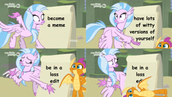 Size: 3838x2160 | Tagged: safe, artist:jhayarr23, edit, edited screencap, screencap, character:silverstream, character:smolder, species:dragon, species:hippogriff, species:pony, episode:uprooted, g4, my little pony: friendship is magic, comic, despicable me, dragoness, duo, exploitable meme, female, gru's plan, inverted mouth, loss (meme), loss edit, mare, meme, silverstream's plan