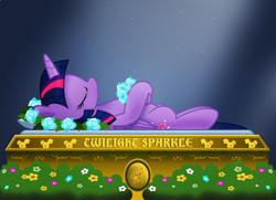 Size: 800x579 | Tagged: safe, artist:jhayarr23, character:twilight sparkle, character:twilight sparkle (alicorn), species:alicorn, species:pony, cadaver, corpse, dark background, dead, disney, eyes closed, female, flower, flower in hair, funeral, grave, holding, light, mare, mortality blues, pillow, plants, snow white, snow white and the seven dwarfs, solo