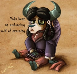 Size: 1200x1145 | Tagged: safe, artist:jamescorck, character:yona, species:yak, ankh, book, cloven hooves, dyed hair, female, goth, goth yona, monkey swings, sitting, skull hairpin, solo, spellbook, yaks best