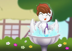 Size: 800x570 | Tagged: safe, artist:jhayarr23, oc, oc only, oc:graph travel, species:pegasus, species:pony, behaving like a bird, bird bath, blep, bush, cheek fluff, chest fluff, clothing, cute, eyes closed, female, flower, freckles, graph believe being bird, hoof fluff, house, mare, ocbetes, silly, solo, splash, tongue out, tree, vest, water, wing fluff