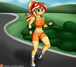 Size: 2250x2000 | Tagged: safe, artist:novaspark, character:sunset shimmer, species:human, my little pony:equestria girls, alternate hairstyle, belly button, breasts, busty sunset shimmer, cleavage, clothing, converse, cutie mark on clothes, female, headphones, jogging, midriff, mp3 player, patreon, patreon logo, shoes, shorts, sneakers, solo, sports bra, sports shorts, wristband