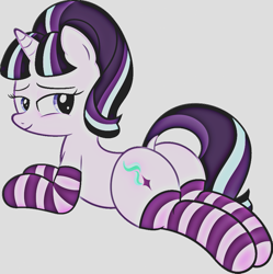Size: 893x895 | Tagged: safe, artist:an-tonio, artist:slb94, edit, editor:undeadponysoldier, character:starlight glimmer, species:pony, species:unicorn, absurd resolution, bedroom eyes, clothing, dock, female, looking back, mare, plot, prone, smiling, socks, solo, striped socks