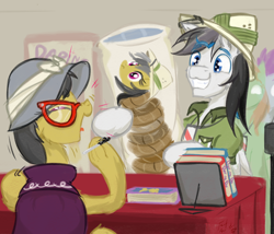 Size: 3952x3376 | Tagged: safe, artist:frist44, character:a.k. yearling, character:daring do, oc, oc:dreamy daze, species:pony, autograph, body pillow, book, clothing, convention, daring daki, daring do book, daring do cosplay, daring do costume, glasses, hat, laughing, marker, pith helmet