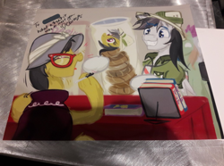 Size: 1032x768 | Tagged: safe, artist:frist44, character:a.k. yearling, character:daring do, oc, oc:dreamy daze, species:pony, autograph, body pillow, book, chiara zanni, clothing, convention, daring daki, daring do book, daring do cosplay, daring do costume, glasses, hat, laughing, marker, photo, pith helmet, signature