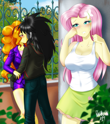 Size: 4000x4500 | Tagged: safe, artist:danmakuman, character:adagio dazzle, character:fluttershy, oc, oc:midnight radiance (sixpathspony), equestria girls:rainbow rocks, g4, my little pony: equestria girls, my little pony:equestria girls, adagiance, blushing, breasts, busty fluttershy, canon x oc, cleavage, clothing, commission, crying, female, heartbreak, imminent kissing, lidded eyes, male, straight