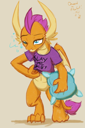 Size: 1600x2400 | Tagged: safe, artist:frist44, character:smolder, species:dragon, bottomless, clothing, dragoness, female, implied shipping, implied spolder, partial nudity, pillow, pillowfort, scratching, shirt, sleepy, solo, t-shirt, throw pillow, tired