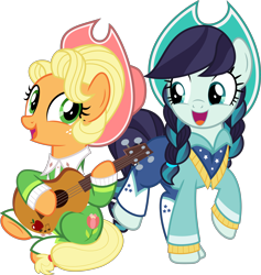 Size: 5660x5960 | Tagged: safe, artist:jhayarr23, character:applejack, character:coloratura, species:earth pony, species:pony, episode:sparkle's seven, g4, my little pony: friendship is magic, alternate hairstyle, apple chord, clothing, cowboy hat, cute, female, freckles, hat, jumpsuit, mare, rarabetes, simple background, smiling, transparent background, vector