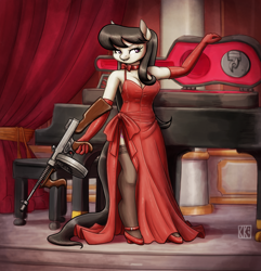 Size: 2500x2596 | Tagged: safe, artist:king-kakapo, character:octavia melody, species:anthro, species:earth pony, species:pony, species:unguligrade anthro, bow, breasts, cleavage, clothing, commission, dress, evening gloves, female, gloves, guitar case, long gloves, mafia, mafia octavia, mare, piano, red dress, shoes, side slit, solo, stockings, thigh highs, tommy gun, weapon