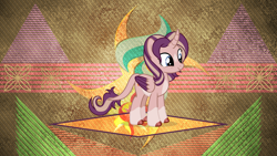 Size: 3840x2160 | Tagged: safe, artist:laszlvfx, artist:luckreza8, edit, editor:axal-5, character:starlight glimmer, character:sunset shimmer, character:twilight sparkle, oc, oc only, oc:shimmering spectacle, parent:starlight glimmer, parent:sunset shimmer, parent:twilight sparkle, parents:twishimmerglimmer, species:alicorn, species:pony, alicorn oc, coat markings, colored wings, colored wingtips, curved horn, cute, cutie mark, female, happy, horn, leonine tail, magical lesbian spawn, magical threesome spawn, mare, multiple parents, ocbetes, offspring, socks (coat marking), solo, star (coat marking), stars, sun, vector, wall of tags, wallpaper, wallpaper edit