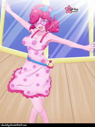 Size: 750x1000 | Tagged: safe, artist:clouddg, character:pinkie pie, equestria girls:spring breakdown, g4, my little pony: equestria girls, my little pony:equestria girls, spoiler:eqg series (season 2), armpits, breasts, busty pinkie pie, cleavage, clothing, crepuscular rays, cruise ship, dress, female, geode of sugar bombs, glasses, magical geodes, one eye closed, open mouth, solo, wink