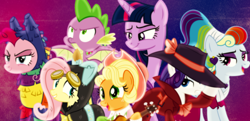 Size: 1854x900 | Tagged: safe, artist:davidsfire, artist:djseras, artist:dragonchaser123, artist:jhayarr23, artist:mpnoir, artist:red4567, artist:sailortrekkie92, edit, character:applejack, character:fluttershy, character:pinkie pie, character:rainbow dash, character:rarity, character:spike, character:twilight sparkle, character:twilight sparkle (alicorn), species:alicorn, species:dragon, species:pony, episode:sparkle's seven, g4, my little pony: friendship is magic, alternate hairstyle, apple chord, bunny ears, clothing, costume, dangerous mission outfit, detective rarity, determined, disguise, dress, female, flutterspy, goggles, guitar, hat, hoodie, lidded eyes, male, mane seven, mane six, mare, megaradash, open mouth, pinkñata, piñata, rainbow dash always dresses in style, smiling, smug, smuglight sparkle, wallpaper, wallpaper edit, winged spike