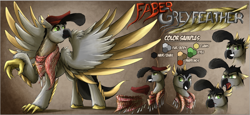 Size: 1919x882 | Tagged: safe, artist:jamescorck, oc, oc only, oc:faber greyfeather, species:hippogriff, species:pony, beak, clothing, hat, hippogriff oc, hooves, male, quail, reference, reference sheet, shemagh, solo, stallion, talons, two toned tail, two toned wings