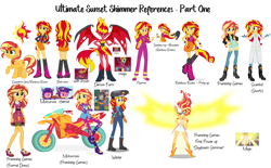 Size: 8700x5400 | Tagged: safe, artist:wubcakeva, character:daydream shimmer, character:sunset satan, character:sunset shimmer, episode:the science of magic, equestria girls:equestria girls, equestria girls:friendship games, equestria girls:rainbow rocks, g4, my little pony: equestria girls, my little pony:equestria girls, clothing, daydream shimmer, demon, dress, helmet, lab coat, magic, motorcross, motorcross outfit, motorcycle, pajamas, ponied up, reference sheet, sunset satan, sunset the science gal, sunset welder