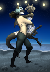 Size: 2550x3710 | Tagged: safe, artist:jc_bbqueen, oc, oc only, oc:imago, oc:mako, species:anthro, species:digitigrade anthro, species:unguligrade anthro, anthro oc, beach, clothing, couple, cricketfish, dress, female, looking at each other, male, night, oc x oc, scar, shipping, shirt, smiling, story in the source, straight