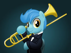Size: 800x606 | Tagged: safe, artist:jhayarr23, oc, oc:center stage, species:pegasus, species:pony, bow tie, bust, clothing, cute, formal wear, male, simple background, solo, stallion, suit, trombone, tuxedo