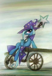 Size: 761x1100 | Tagged: safe, artist:foxinshadow, character:trixie, species:pony, species:unicorn, carriage, female, lidded eyes, mare, sitting, solo, staff