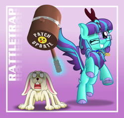 Size: 600x569 | Tagged: safe, artist:jhayarr23, oc, oc:rattletrap, ponysona, species:kirin, species:rabbit, ah my goddess, animal, cute, d:, debugging, frown, game, glasses, gradient background, hammer, hyper hammer, kirinsona, legends of equestria, levitation, looking at you, magic, mallet, oh my goddess, one eye closed, open mouth, problem solved, raised hoof, rearing, scared, squee, sweat, system bug, telekinesis, text, underhoof, vector, wide eyes, wink