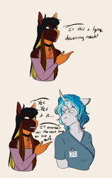 Size: 1520x2406 | Tagged: safe, artist:jc_bbqueen, oc, oc only, oc:bubble lee, oc:daniel dasher, species:anthro, species:dracony, species:pony, species:unicorn, anthro oc, clothing, comic, dialogue, female, hybrid, male, mare, nurse, off shoulder, simple background, stallion