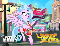 Size: 2048x1585 | Tagged: safe, artist:pixelkitties, character:coco pommel, character:silverstream, character:spike, species:classical hippogriff, species:dragon, species:hippogriff, species:pony, 1950s, back to the future, delorean, electric guitar, everfree northwest, female, guitar, lauren jackson, male, mare, parody, pixelkitties' brilliant autograph media artwork