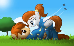 Size: 800x506 | Tagged: safe, artist:jhayarr23, oc, oc only, oc:razor winds, oc:sky chase, species:pegasus, species:pony, clothing, cute, female, grass field, male, oc x oc, shipping, skywinds, straight, this will end in snuggles, uniform, wonderbolts, wonderbolts uniform