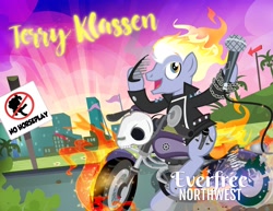 Size: 2048x1583 | Tagged: safe, artist:pixelkitties, character:pinkie pie, species:pony, everfree northwest, ghost rider, mane on fire, microphone, motorcycle, pixelkitties' brilliant autograph media artwork, ponified, sign, tail on fire, terry klassen