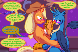 Size: 2400x1600 | Tagged: safe, artist:frist44, character:applejack, character:gallus, species:earth pony, species:griffon, species:pony, fanfic:rewarding punishment, blushing, clothing, dancing, dialogue, fanfic, fanfic in the description, female, flirting, galljack, hand on hip, hat, hoof hold, hoof on hip, male, older gallus, prom, punch (drink), punch bowl, quadrupedal, shipping, sky, smug, stars, table, talons, window, wings