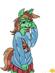 Size: 2496x3280 | Tagged: safe, artist:missmagnificence, oc, oc:nicole sunstone, species:anthro, clothing, colored, crying, female, markers, solo, sweater, traditional art, tribute