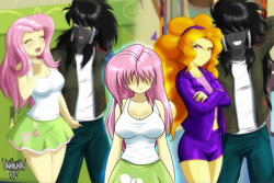 Size: 4500x3000 | Tagged: safe, artist:danmakuman, character:adagio dazzle, character:fluttershy, oc, oc:midnight radiance (sixpathspony), my little pony:equestria girls, adagiance, breasts, busty fluttershy, canterlot high, clothing, commission, crossed arms, eyes closed, faceless female, female, hallway, happy, hidden eyes, lockers, miniskirt, offscreen character, open mouth, pants, sad, shorts, skirt, smiling, tank top, thighs