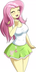 Size: 1400x2786 | Tagged: safe, artist:danmakuman, character:fluttershy, my little pony:equestria girls, adorable face, adorasexy, breasts, busty fluttershy, cleavage, clothing, cute, eyes closed, female, laughing, miniskirt, moe, sexy, shyabetes, simple background, skirt, smiling, solo, tank top, thighs, white background