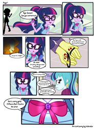 Size: 5300x7200 | Tagged: dead source, safe, artist:wubcakeva, character:adagio dazzle, character:sonata dusk, character:sunset shimmer, character:twilight sparkle, character:twilight sparkle (scitwi), species:eqg human, comic:twilight's dawn, g4, my little pony: equestria girls, my little pony:equestria girls, canterlot mall, comic, gem, geode of telekinesis, implied slenderman, it's a trap, laughing, lip bite, magical geodes, markiplier, pewdiepie, phone, ribbon, show accurate, siren gem, t-series, this will not end well