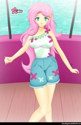 Size: 647x1000 | Tagged: safe, alternate version, artist:clouddg, character:fluttershy, species:human, equestria girls:spring breakdown, g4, my little pony: equestria girls, my little pony:equestria girls, spoiler:eqg series (season 2), adorasexy, breasts, busty fluttershy, clothing, cute, female, geode of fauna, human coloration, looking at you, magical geodes, open mouth, sexy, shorts, shyabetes, solo