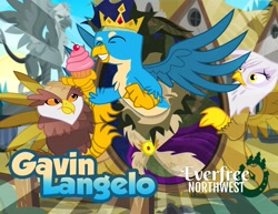 Size: 4096x3165 | Tagged: safe, artist:pixelkitties, character:gallus, character:gilda, species:griffon, background griffon, bust, crown, crown of grover, cupcake, everfree forest, flying, food, gavin langelo, griffonstone, grin, gunter, happy, jewelry, king gallus, king grover, majestic, male, pixelkitties' brilliant autograph media artwork, regalia, smiling, statue