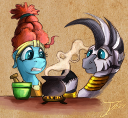 Size: 1022x946 | Tagged: safe, artist:jamescorck, character:meadowbrook, character:zecora, species:earth pony, species:pony, species:zebra, ship:zecorabrook, beehive hairdo, cauldron, crack shipping, female, lesbian, mohawk, mortar and pestle, potion making, shipping