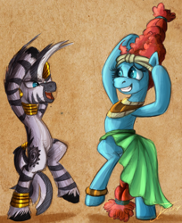 Size: 1206x1478 | Tagged: safe, artist:jamescorck, character:meadowbrook, character:zecora, species:earth pony, species:pony, species:zebra, ship:zecorabrook, beehive hairdo, clothing, crack shipping, dress, female, lesbian, mohawk, shipping, sketch, yoga