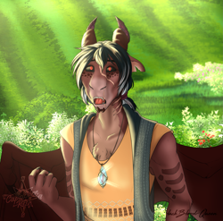 Size: 1919x1899 | Tagged: safe, artist:jc_bbqueen, oc, oc only, oc:claudis, species:anthro, species:dragon, anthro oc, barely pony related, clothing, dragon oc, floppy ears, gem, male, red eyes, scar, shirt, story in the source, sunlight, torn ear