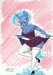 Size: 2105x2972 | Tagged: safe, artist:newyorkx3, character:trixie, species:anthro, species:pony, species:unicorn, breasts, busty trixie, cleavage, clothing, cute, diatrixes, dress, dress lift, female, lidded eyes, mare, puddle, smiling, socks, solo, splash, thigh highs, traditional art
