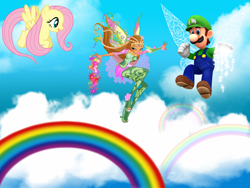 Size: 3008x2266 | Tagged: safe, artist:dashiesparkle, artist:magical-mama, artist:user15432, character:fluttershy, species:human, species:pegasus, species:pony, bloomix, blue sky, cloud, crossover, fairies, fairy, fairy wings, flora, flora (winx club), flying, luigi, luigishy, magic, magic aura, nintendo, rainbow, rainbow s.r.l, rainbows, sky, super mario bros., super smash bros., wings, winx club