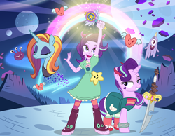 Size: 1000x774 | Tagged: safe, artist:pixelkitties, character:sassy saddles, character:starlight glimmer, my little pony:equestria girls, eyes closed, rainbow, saddle bag, star vs the forces of evil, sword, wand, weapon
