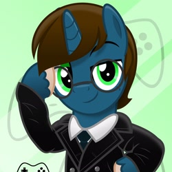 Size: 2048x2048 | Tagged: safe, artist:jhayarr23, oc, oc only, oc:jeremy gamer, species:pony, species:unicorn, abstract background, bipedal, business suit, clothing, controller, glasses, horn, male, necktie, salute, solo, unicorn oc, unshorn fetlocks