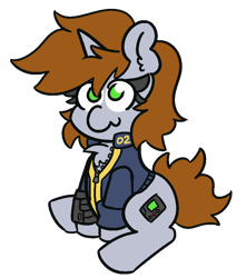 Size: 750x850 | Tagged: safe, artist:threetwotwo32232, oc, oc only, oc:littlepip, species:pony, species:unicorn, fallout equestria, :3, chest fluff, clothing, cute, ear fluff, fanfic, fanfic art, female, hooves, horn, mare, no pupils, ocbetes, pipbuck, simple background, sitting, solo, transparent background, vault suit